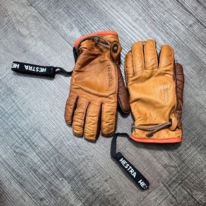 Hestra Men's Two-Tone Leather Gloves in Tan and Brown with Orange Trim